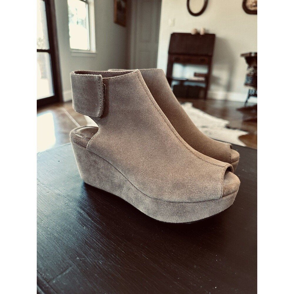 Chocolate Blu Platform Ankle Bootie Wedge Sandal Peep Toe Sz 6.5 Leather Suede
